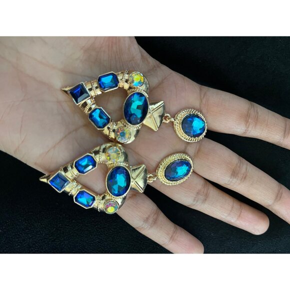 Dark blue earrings , big blue earrings , teal crystal blue Ab earrings teal gold - Picture 6 of 8